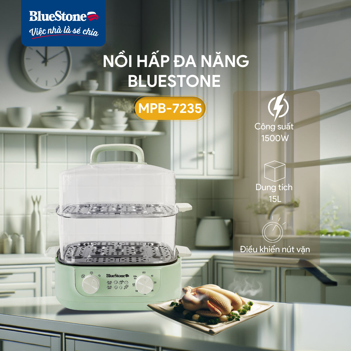 Nồi Lẩu Hấp Điện Đa Năng BlueStone MPB-7235 15 Lít 1500W Nồi Lẩu Hấp Điện Đa Năng BlueStone MPB-7235 15 Lít 1500W